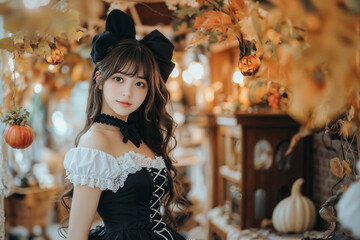 ハロウィンをテーマにカフェでメイドの仮装をしている若い日本人女性(美人モデル)