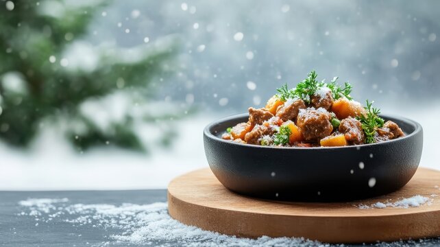 Carbonnade Flamande in a snowy setting, contrasting the warm dish with a cold wintry backdrop.