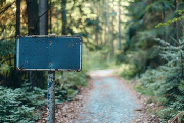 Weathered Blue Signpost in a Forest Path.