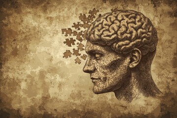 Human head dissolving into puzzle pieces representing the complexity of the human brain memory and the intricacies of mental health challenges in an aged vintage aesthetic