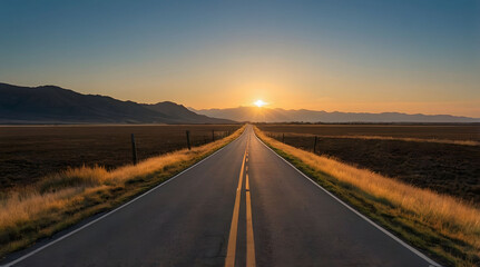Naklejka premium Asphalt Road Leading to Sunset in Mountainous Landscape