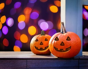 Halloween pumpkins with orange and purple decoration on a porch with some bokeh background