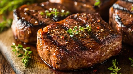 A plate of juicy, grilled steak, perfectly cooked with a succulent, tender texture and garnished with fresh herbs.