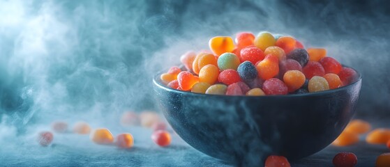 Closeup view of a black ceramic bowl filled with an assortment of colorful Halloween themed candies and gummies set against a moody foggy background with copy space for text overlay