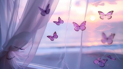 A white window with purple butterflies flying out of it, looking at the sea outside the glass, white gauze curtain fluttering in the wind, sunset, Generative AI illustrations. 