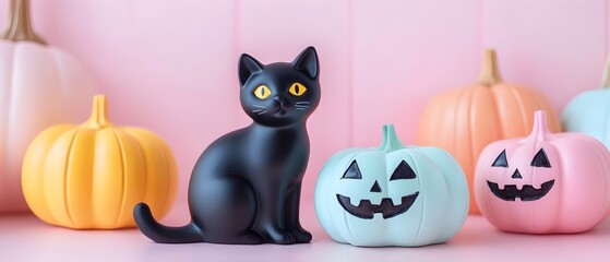 Fototapeta premium Whimsical Halloween Decor with Cute Black Cats and Pastel Pumpkins Photography Concept with Copy Space for Text