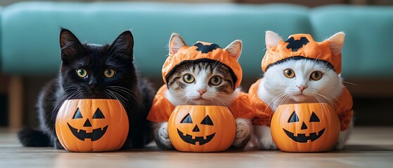 Fototapeta premium Adorable Costumed Cats Holding Tiny Halloween Pumpkins Cute Felines Dressed in Kawaii Costumes for Spooky Autumn Holiday