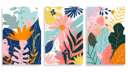 Obraz premium Abstract flower posters set, trendy botanical wall arts with wild floral plants, leaves in hippie style, Generative AI illustrations.