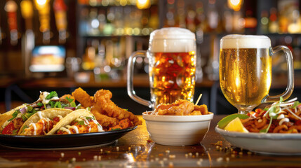 Cold beer with snacks. AI generative.