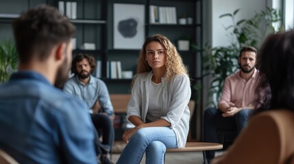 Obraz premium Therapeutic Group Session with People Talking About Overcoming Addictions