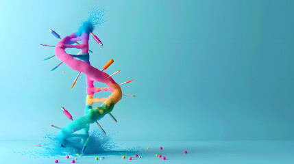 Obraz premium A colorful DNA helix made of artist's tools. The genetics of creativity. Spiraling through a sterile laboratory setting. 