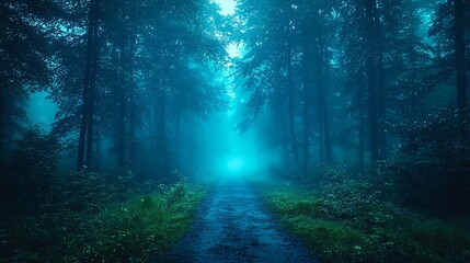 Fototapeta premium A spooky misty forest scene illuminated by fog, perfect for Halloween-themed projects, storytelling, or designs with copy space.