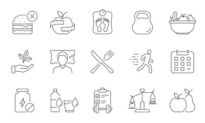 Healthy Lifestyle Line Icon Set Featuring Food, Fitness, and Wellness Symbols. Nutrition, Exercise, Balanced Living, Healthy Nourishment. Editable Stroke. Isolated Vector Illustration