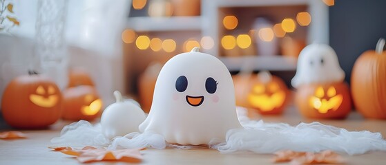 Cozy and Cute Kawaii Style Halloween Party Scene with Ghostly and Pumpkin Themed Ample Copy Space for Text Overlay