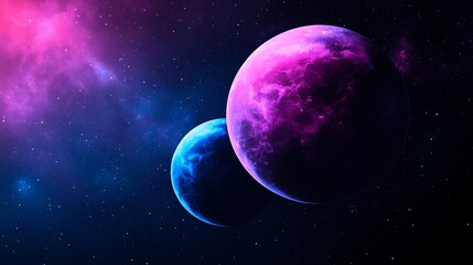 Mystical double exposure, galaxy backdrop with swirling stars and planets in vibrant purples and blues