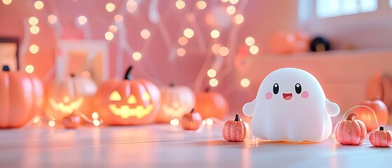 Fototapeta premium Adorable Kawaii Halloween Party Scene with Cute Ghost and Pumpkin Themed Lights and Bokeh Background