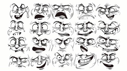 Obraz premium Illustrations of a big collection of various people's facial emotion expression, outline hand drawn sketch, black and white ink style, on white background, Generative AI illustrations. 