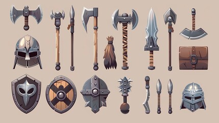 A cartoon and 3d realistic of the fantasy gaming props with helmet, hammer, battle axe, morning star and spear for game of antique,  Generative AI illustrations. 