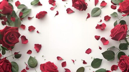 Fresh red roses and scattered petals creating a beautiful frame on a white surface.