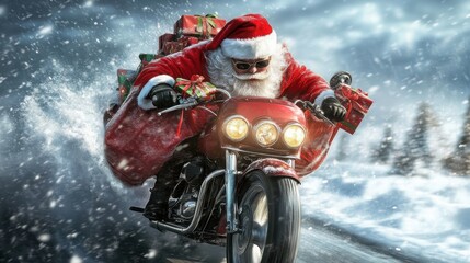 Fototapeta premium Santa cruising on a motorcycle through a snowy landscape, festive gifts securely fastened on the back, embodying a whimsical holiday spirit and adventure.