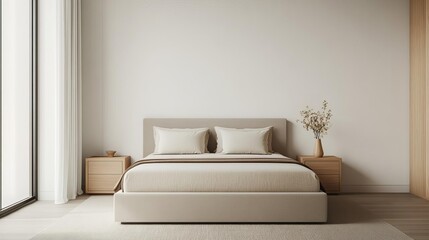 Minimal bedroom with a low-profile bed and light wood accents, understated luxury, elegant design