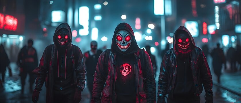 A group of cyberpunk styled hackers in dark hooded costumes and skull masks trick or treating on the neon lit streets of a dystopian futuristic city at night