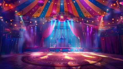 A circus stage, high quality, colorful colors, lighting, spotlights, illustration style, animation style, Generative AI illustrations. 