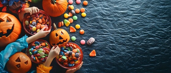 Costumed children reaching their hands into a display of colorful Halloween candy and pumpkins capturing the festive and spooky spirit of the autumn holiday