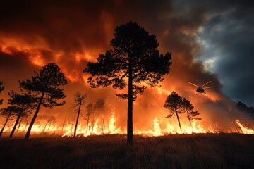An intense wildfire consumes a forest under a dark, ominous sky, with flames and smoke creating a dramatic scene of nature's fury and the need for urgent response.