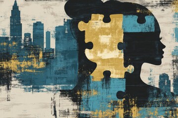 Fototapeta premium Silhouette of a woman with a puzzle piece missing blending into an urban skyline symbolizing the search for identity emotional gaps and the complexities of city life