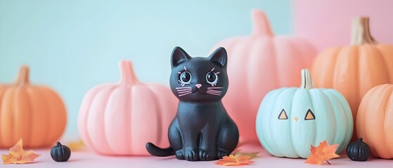 Fototapeta premium Adorable Kawaii Halloween with Cute Black Cats and Pastel Colored Pumpkins Festive Autumn Still Life Arrangement on a Minimalist Background with Copy Space