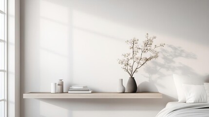 Fototapeta premium Minimal bedroom with a floating shelf and a few carefully chosen decor items, understated elegance, clean design
