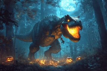 Tyrannosaurus Rex Roaming Through a Haunted Forest at Night