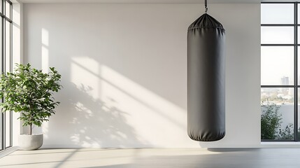 A black punching bag hangs from the ceiling in a white room with a large window, a potted plant, and sunlight streaming in.