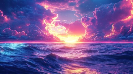 Obraz premium Sunlight breaking through a neon storm over the sea, glowing waves, digital sky, highly stylized futuristic atmosphere