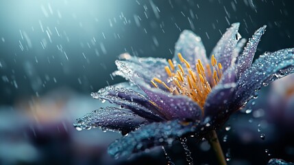  A tight shot of a purple bloom, adorned with dewdrops on its petals Behind it lies a serene blue sky