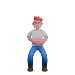 Artistic Expert 3D. An artist is standing while holding a canvas with both hands in front of his body. Painter Cartoon