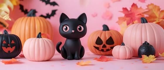 Whimsical and Cozy Kawaii Style Halloween Scene with Playful Black Cats Sitting Among Pastel Colored Pumpkins and Autumn Leaves  Festive and Joyful Seasonal Concept with Copy Space
