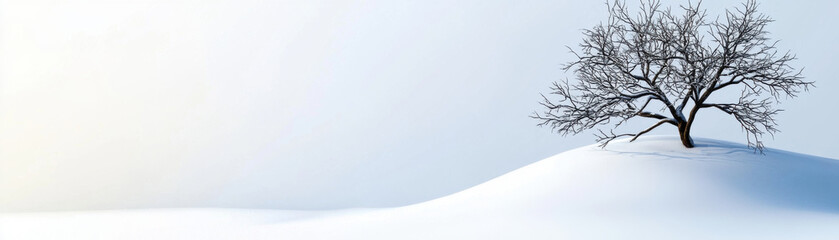 Solitary Tree in a Winter Wonderland: A single, bare-branched tree stands tall against a backdrop of pristine white snow, bathed in the soft glow of a winter sun.