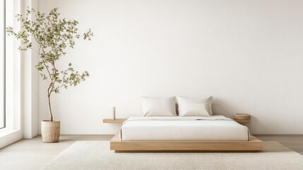 Minimal bedroom with a platform bed and minimal decor, modern simplicity, focus on comfort