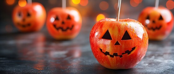 Spooky carved candy apples with Halloween pumpkin faces against a dark background  Festive autumn holiday decor with shiny red apples seasonal foliage and a rustic eerie vibe