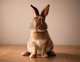Obraz premium Curious rabbit sitting upright on a wooden surface against a soft beige background in indoor setting