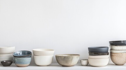 Kitchenware including a cupboard and bowls are arranged on a table against a white backdrop, leaving ample space for text. This setting evokes the concept of home kitchen decor.