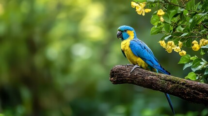 Fototapeta premium A blue-and-yellow bird perches on a tree branch adjacent to another, adorned with yellow flowers