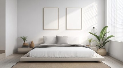 Minimal bedroom with a platform bed and minimal decor, modern simplicity, focus on comfort