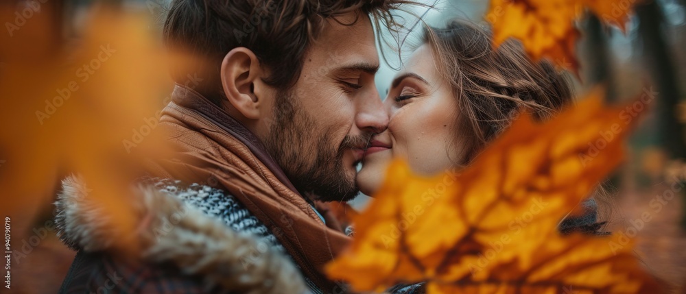 Wall mural couple kissing behind a leaf