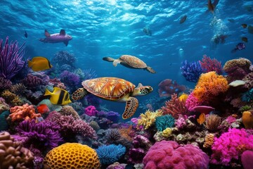 Fototapeta premium An awe-inspiring underwater view of two turtles navigating through a vibrant, colorful coral reef teeming with various species of fish, all set against a radiant blue ocean background filled with sun