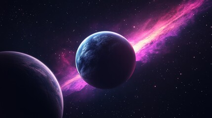 Fototapeta premium Surreal galaxy double exposure, vibrant stars and swirling planets in deep purples and blues