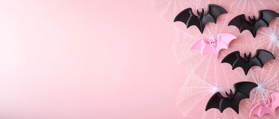 Kawaii pastel colored bats and delicate spider webs create a dreamy ethereal backdrop for Halloween decor and imagery  This stylized fantasy inspired scene features a soft