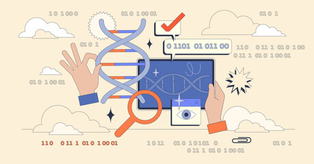 Bioinformatics as computer usage for DNA analytics tiny neubrutalism concept. Virtual AI assistance for genomics or genetics research automation vector illustration. Biological data processing tech.